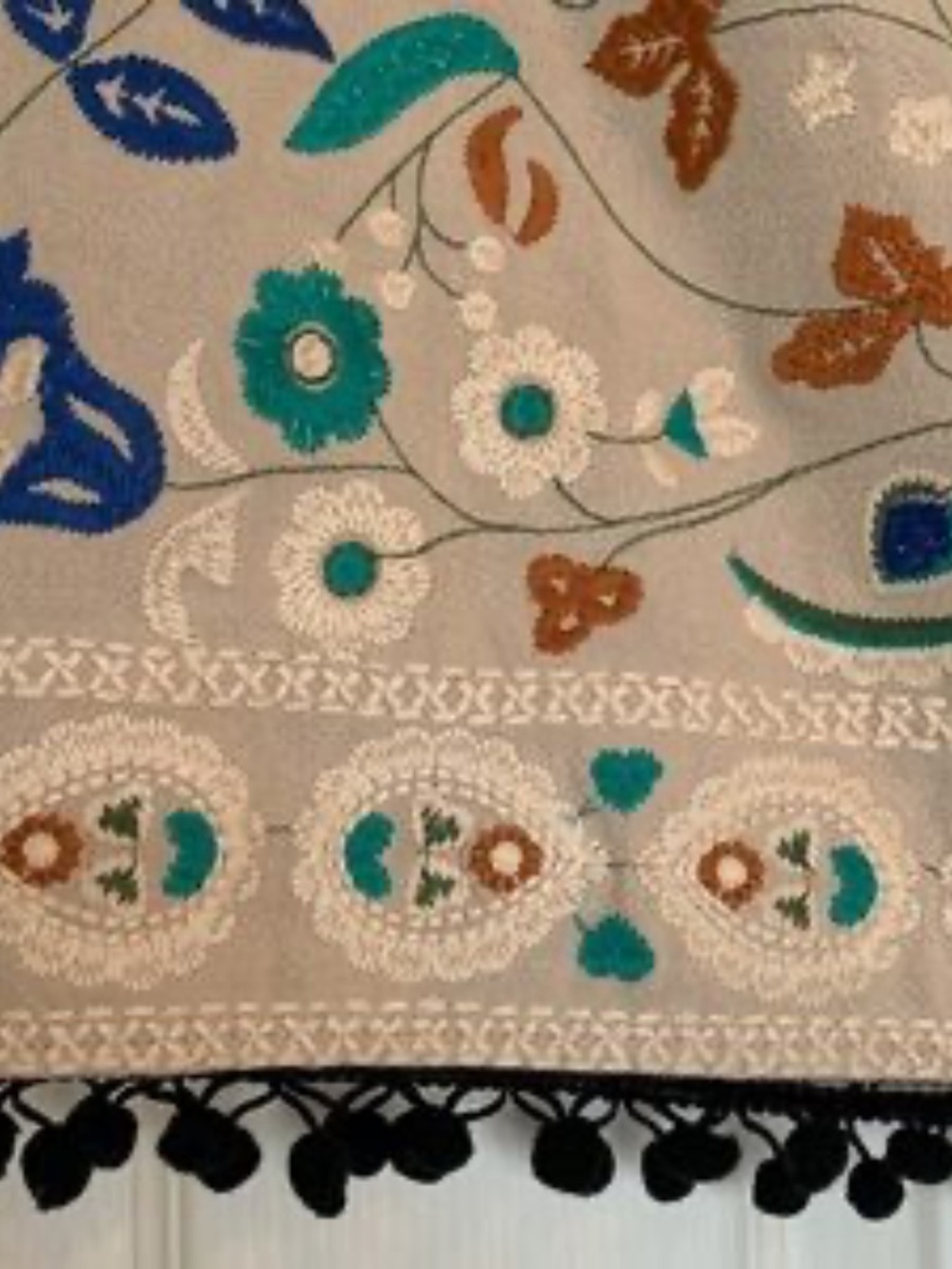Embroidered Cream Skirt Green Birds Floral Topical Pom Pom Detail Umgee Small - Picture 3 of 7